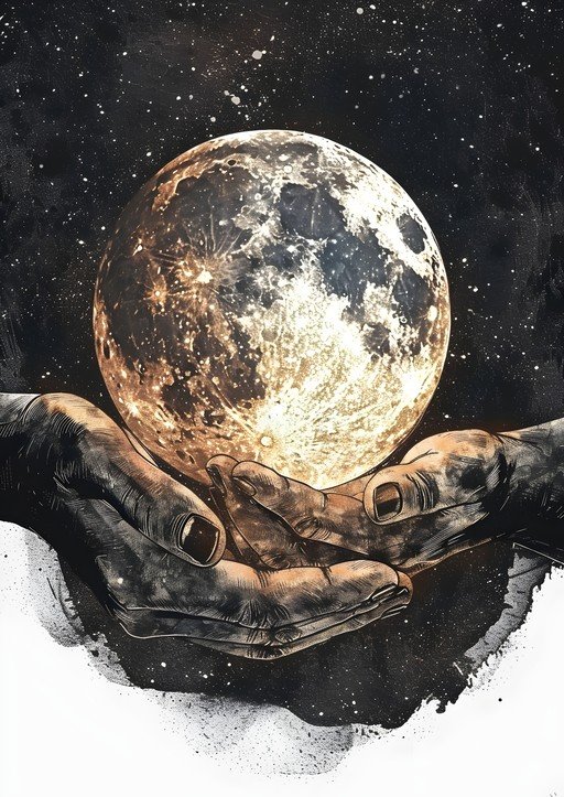 Hands Holding the Moon in a Starry Sky