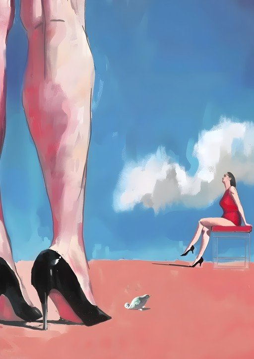 Surreal Scene: Woman in Red, Giant Legs, and a Tiny Creature
