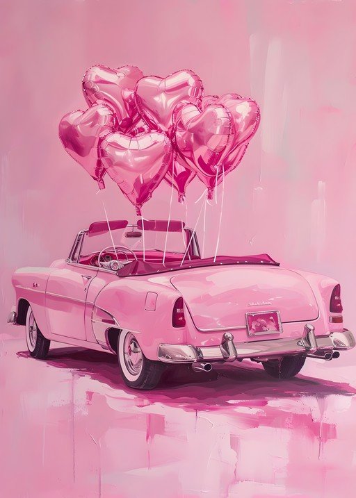 Pink Convertible with Heart Balloons