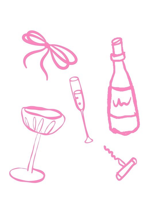Pink Celebration Icons: Champagne, Bow, and Corkscrew