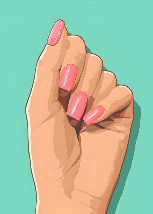 Hand with Pink Nails on Teal Background