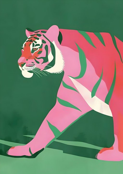Stylized Pink Tiger in Green Landscape