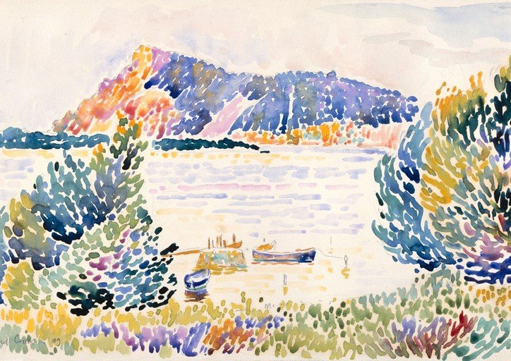 Impressionist Watercolor of a Coastal Scene with Boats