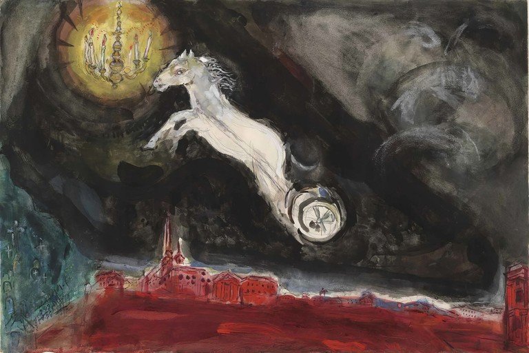 Surrealist Horse and Chandelier Over Cityscape