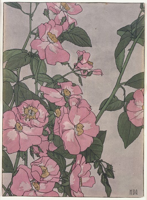Art Nouveau Pink Roses and Green Leaves Illustration