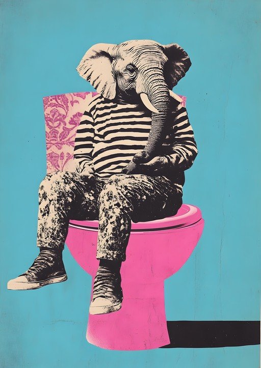 Elephant-headed figure sits on a pink toilet