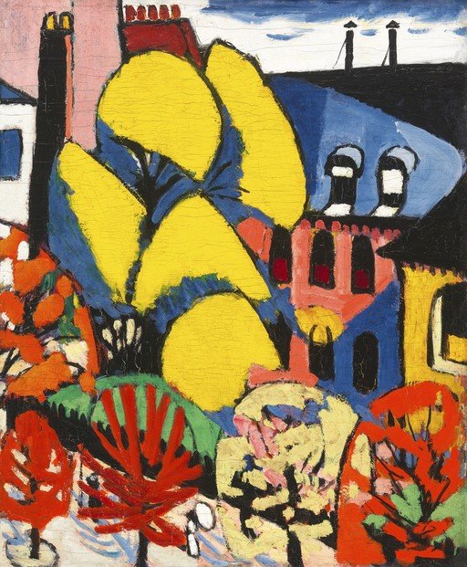 Expressionist Cityscape with Vibrant Trees