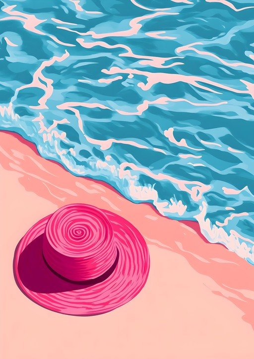 Pink Hat on Beach with Turquoise Waves