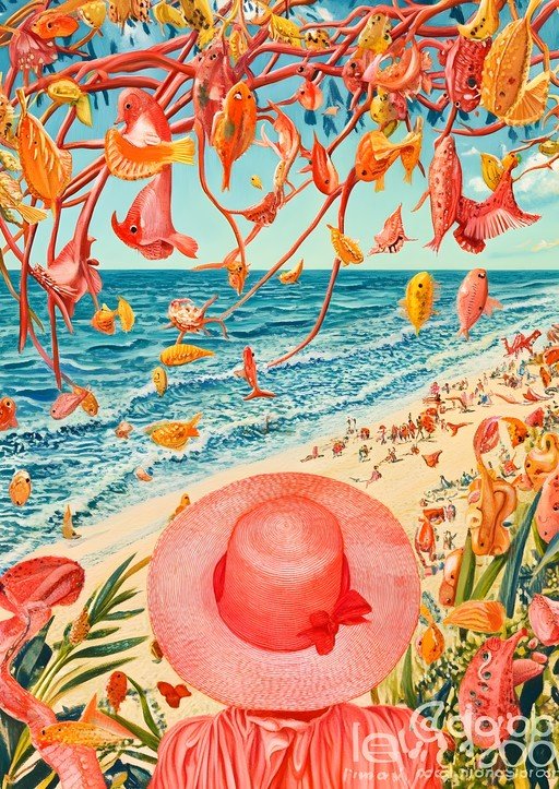Whimsical Beach Scene with Surreal Fish and a Woman in a Pink Hat