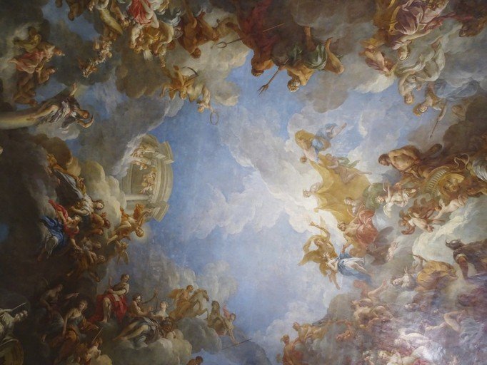 Baroque Ceiling Fresco of Mythological Figures in Clouds