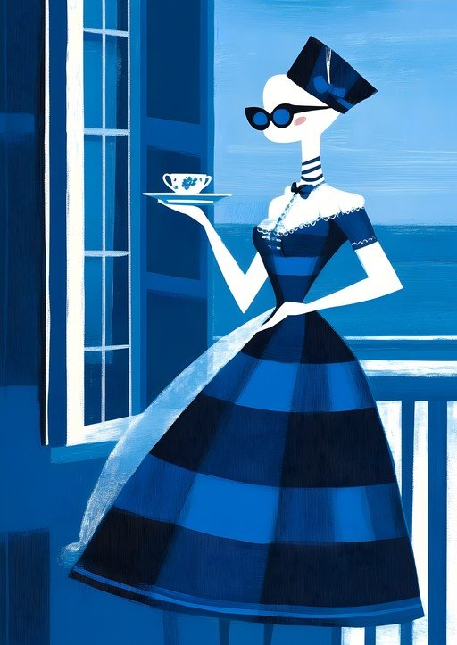 Elegant Woman in Blue Dress Enjoys Tea by the Window