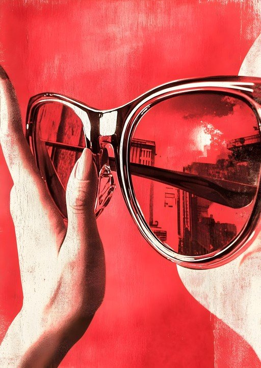 Woman's Hand Holding Red Sunglasses Reflecting Cityscape