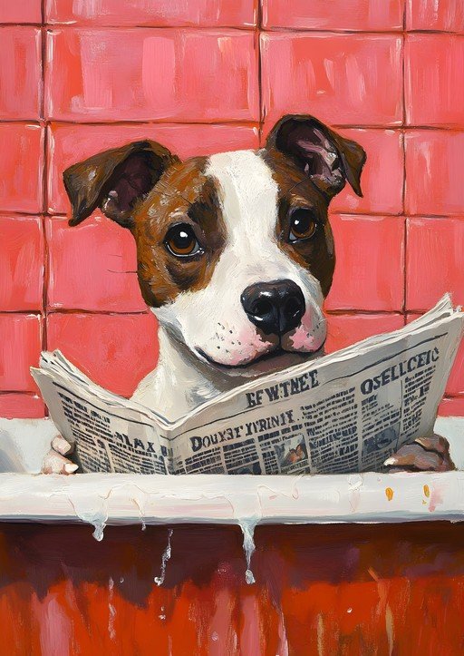 Dog Reading Newspaper in Bathtub