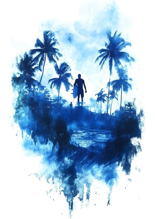 Surfer Silhouette Against Tropical Palm Trees and Ocean