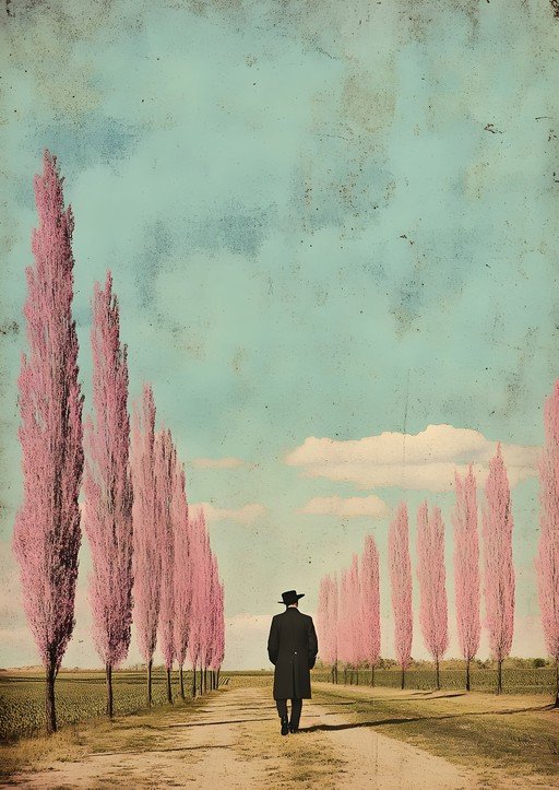 Man in Hat Walks Down Tree-Lined Path
