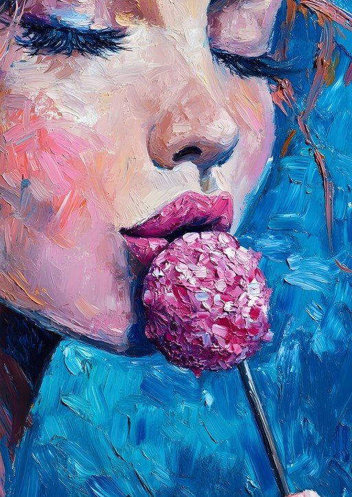 Impressionist Portrait of Woman Enjoying a Pink Lollipop