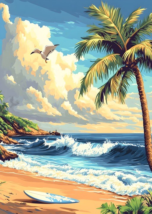 Tropical Beach Scene with Palm Tree and Surfing