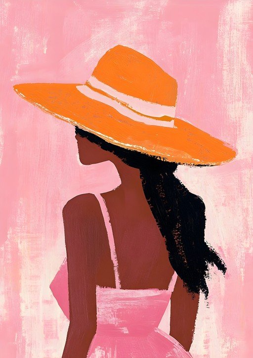 Woman in Orange Hat and Pink Dress