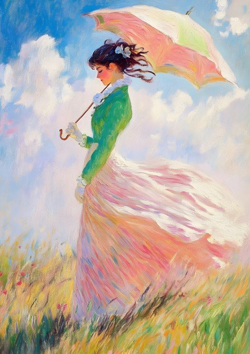 Impressionist Painting of Woman with Parasol in a Field