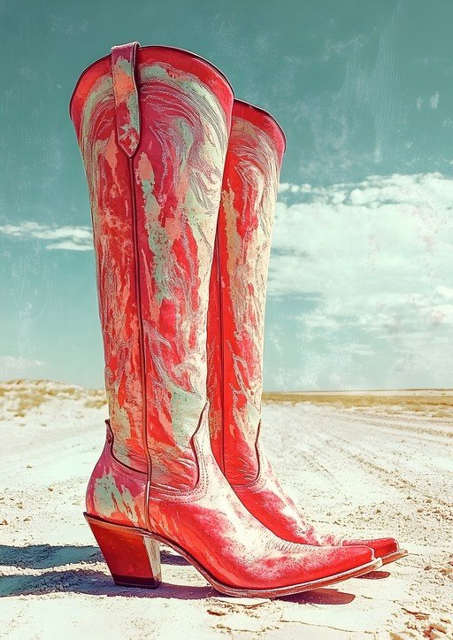 Vibrant Red Cowboy Boots in Desert Landscape
