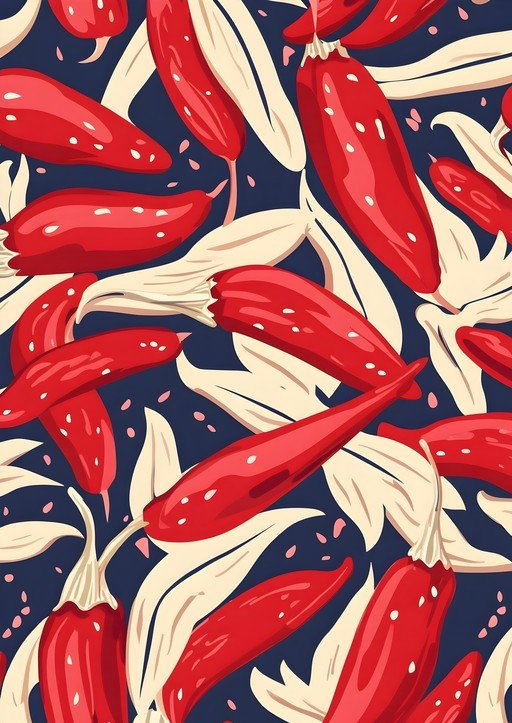 Vibrant Red Chili Pepper Pattern on Dark Blue