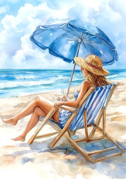 Woman Relaxing on Beach Chair Under Umbrella with Wine