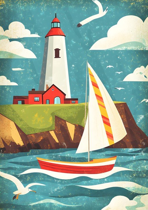 Nautical Scene with Lighthouse and Sailboat