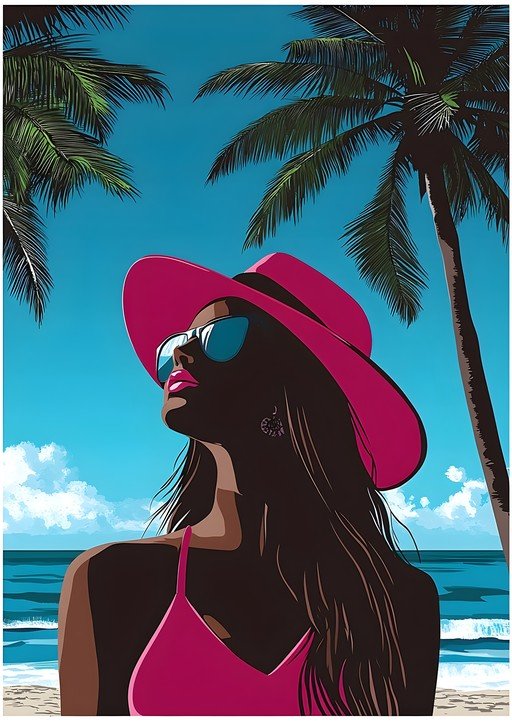 Woman in Pink Hat and Swimsuit on Tropical Beach