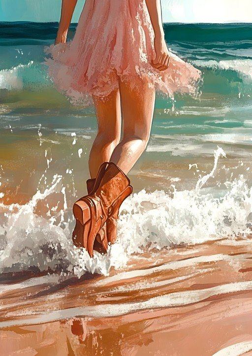Woman in Pink Dress and Boots Walks into the Ocean