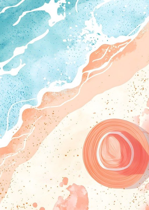 Watercolor Beach Scene with Sun Hat