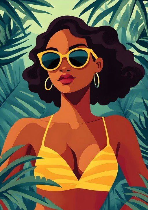 Woman in Sunglasses and Bikini Amidst Tropical Leaves