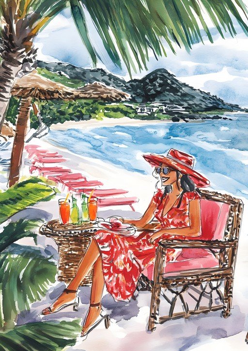 Woman in Red Dress Enjoys Tropical Beachside Refreshments
