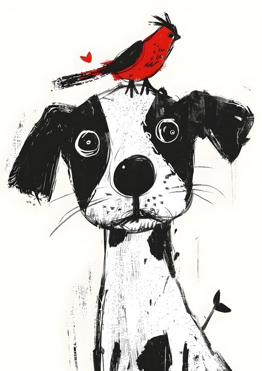 Whimsical Dog and Bird Illustration