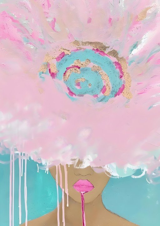 Abstract Portrait with Pink Cloud Hair and Teal Background