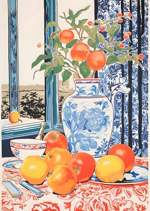 Still Life with Oranges and Blue and White Vase