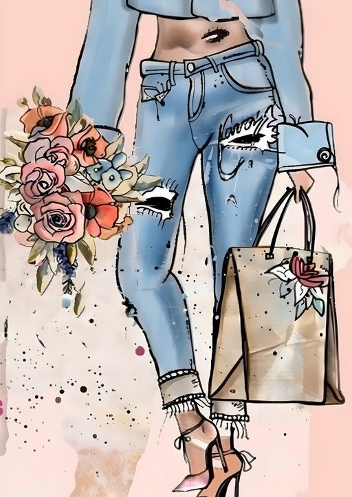 Fashion Illustration: Woman in Ripped Jeans with Flowers and Bag