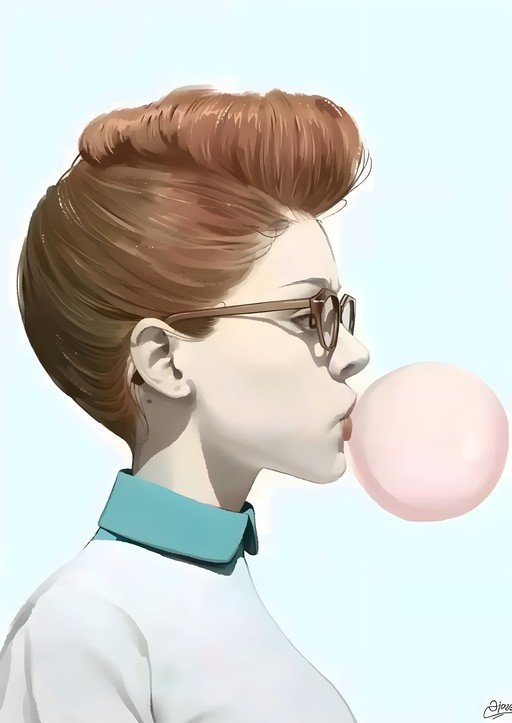 Woman with Glasses Blowing Pink Bubble Gum