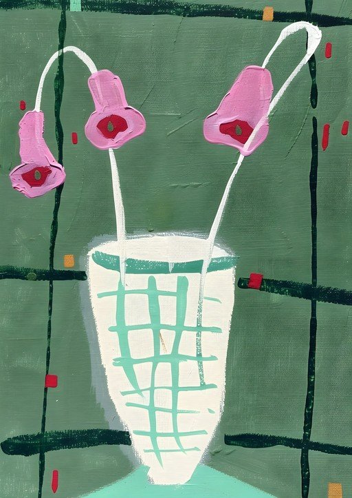 Abstract Pink Flowers in a Grid Vase
