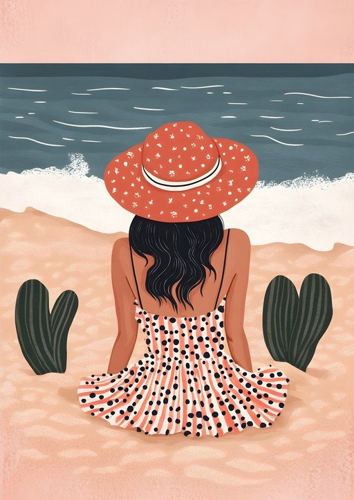 Woman in Hat Enjoys Beach View
