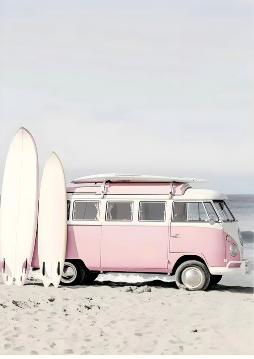 Pink VW Bus and Surfboards on a Sandy Beach