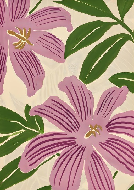 Vibrant Floral Pattern with Purple Flowers and Green Leaves