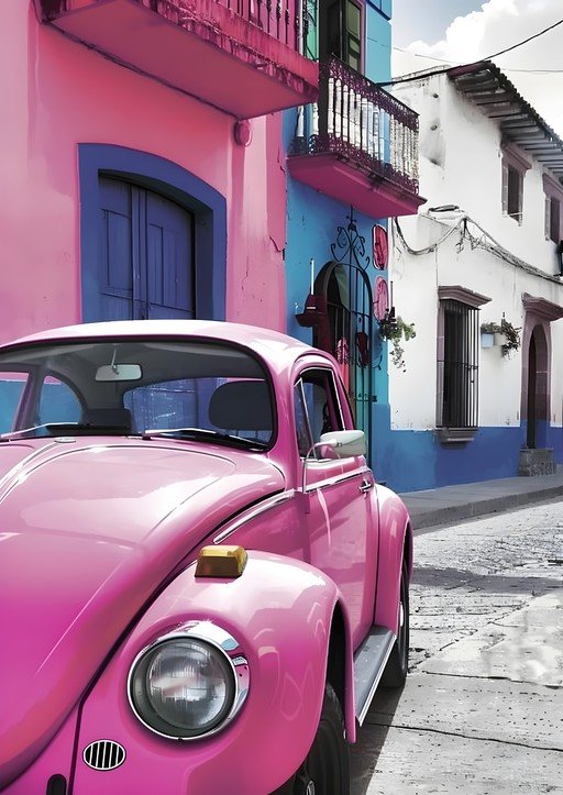 Pink VW Beetle on Colorful Street