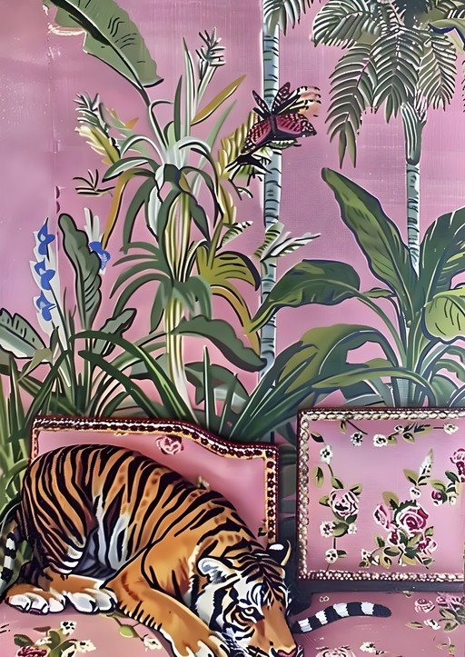 Tiger and Tropical Flora Wallpaper with Ornate Frames