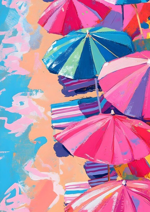 Vibrant Beach Umbrellas in Impressionistic Style