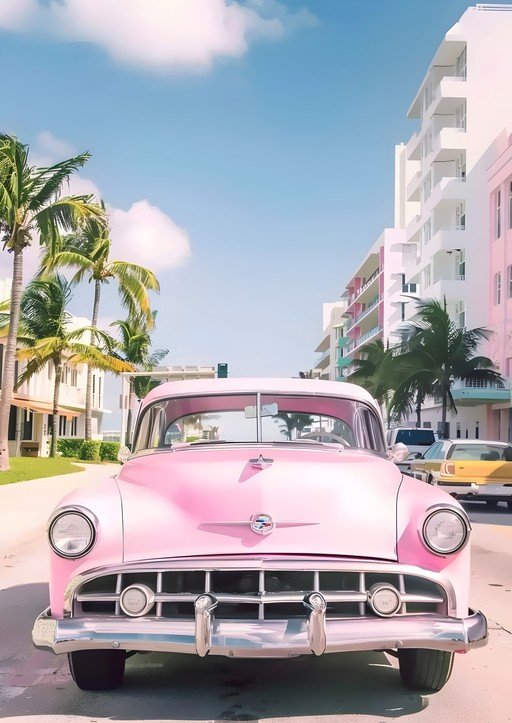 Pink Classic Car on Miami Beach Street