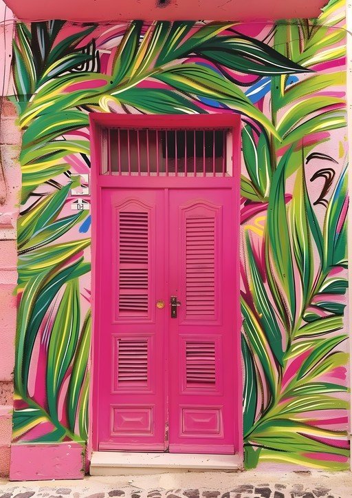 Vibrant Pink Door with Tropical Leaf Mural