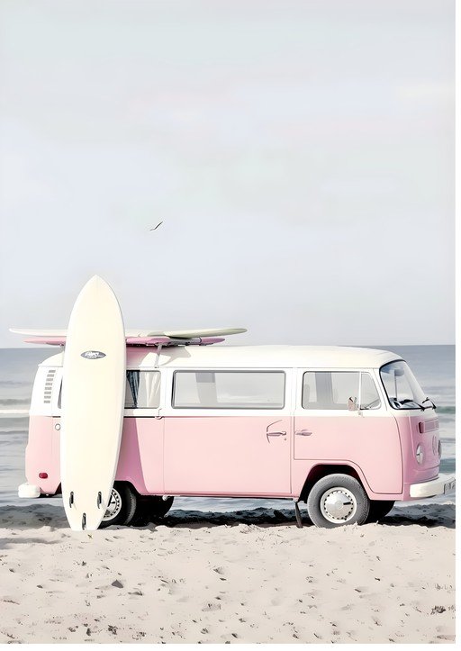 Pink VW Camper Van with Surfboards on Sandy Beach