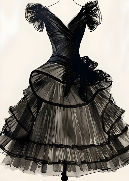 Elegant Black Lace and Tulle Gown Illustration