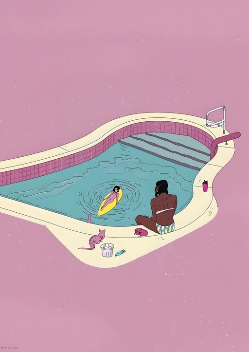 Summer Poolside Scene with Two Women and a Cat