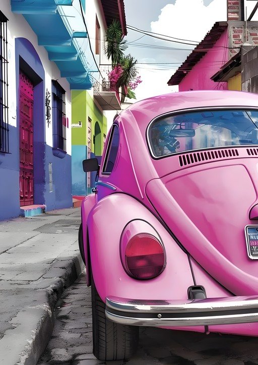Vibrant Pink VW Beetle on Colorful Street